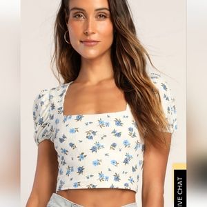 Lulus Sugar and Spice Blue Floral Print Ribbed Puff Sleeve Crop Top
